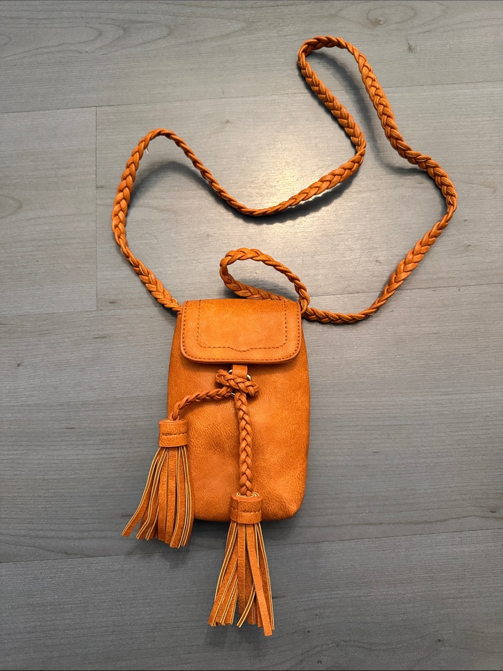 Tan/Orange Faux Leather Tassel Crossbody Phone Bag